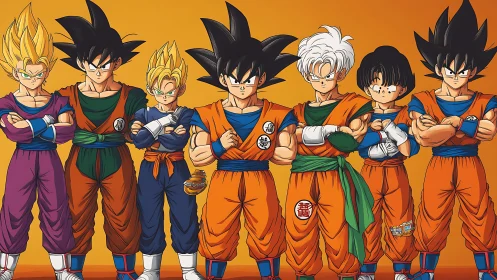 Saiyan warriors stand united in bold orange gi lineup.