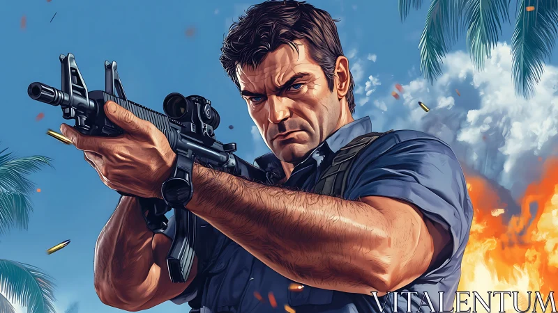 Battle-hardened soldier aims rifle amid tropical explosion.