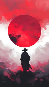 Silhouetted ronin under crimson sun within misted clouds