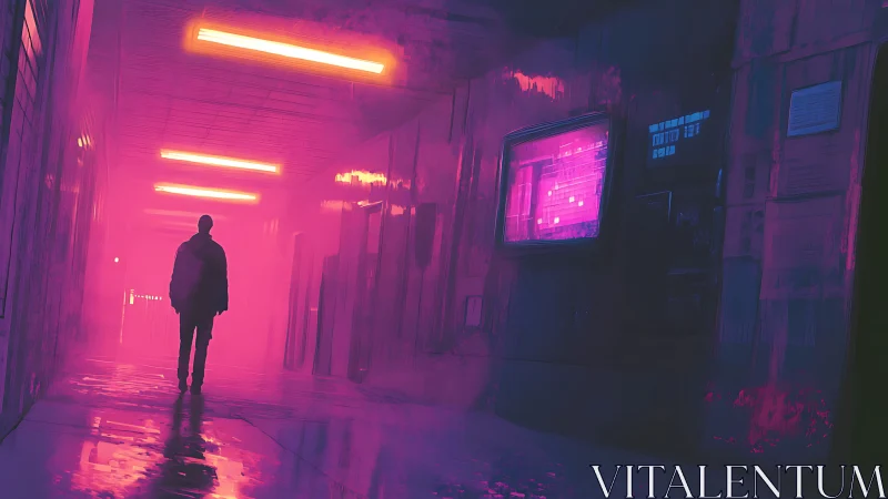 Neon drenched corridor with solitary figure in magenta haze.