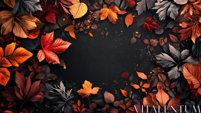 Autumn leaves border framing dark textured background.