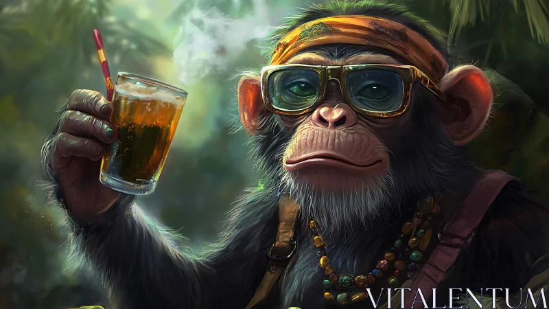 Jungle hipster chimp toasts the afternoon with fizzy swagger