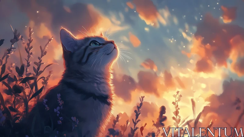 Dreamy sunset cat gazing softly toward glowing skies.
