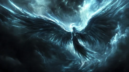 Luminous winged spirit rises boldly from stormlit clouds