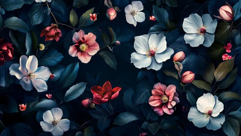 Dark Floral Tapestry: Botanical Composition with Layered Color Harmony.
