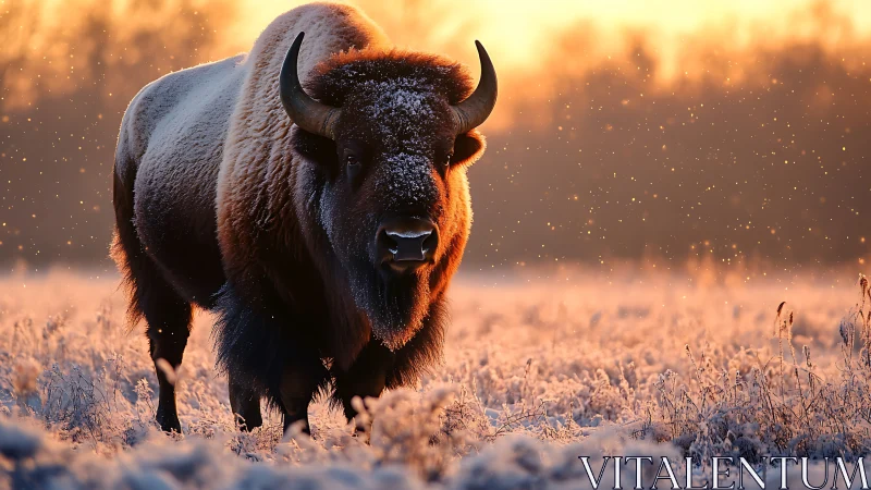 Frosted bison in backlit winter field, high dynamic detail.