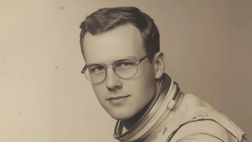 Sepia portrait of male astronaut in early pressure suit