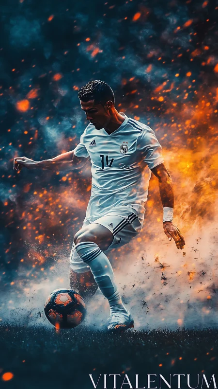 Fiery soccer striker controls ball amid explosive sparks.