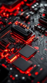 Red illuminated circuit board shows dense electronic layout