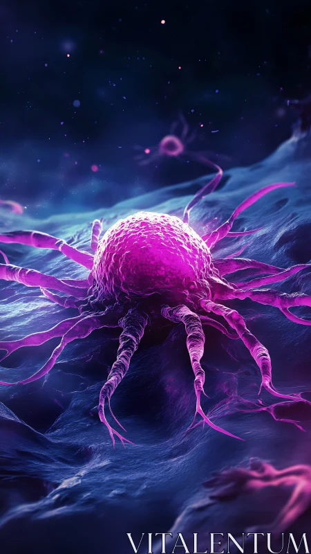 Luminescent cancer cell extends tendrils in deep space view