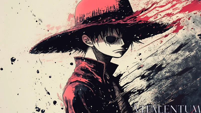 Solitary figure in wide-brim hat amid red ink dispersion.
