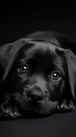 Soft-eyed black puppy resting quietly in velvety darkness.