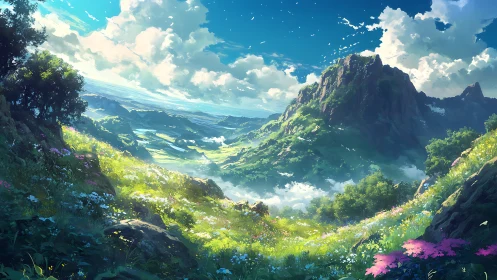 Mountain valley landscape shows lush flowers, clouds and light