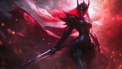 Blade-queen of the crimson storm strides through embers.