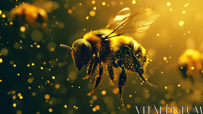 Close-up digital rendering of pollen-covered honey bee in flight.