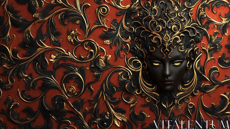 Baroque black mask with gilded foliage relief on red panel