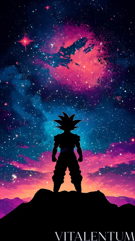 Stargazing warrior silhouetted against neon cosmic skies.