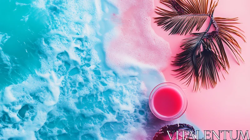 Ocean waves and cosmetics arranged on pink surface overhead