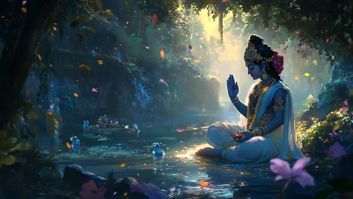 Divine blue figure meditating by bioluminescent forest pool.