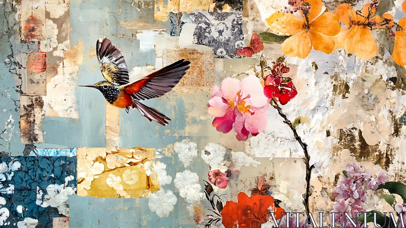 Colorful hummingbird drifts through blooming floral collage