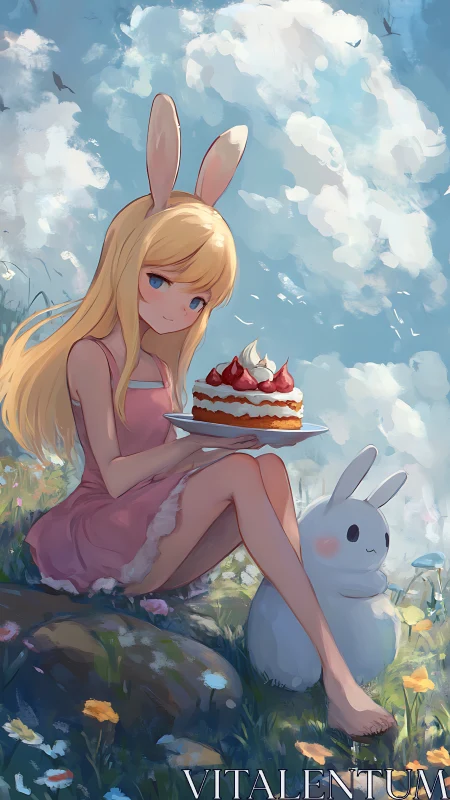 Bunny-eared girl shares a sweet spring picnic surprise.