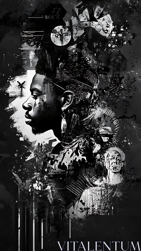 Monochrome profile collage of male figure with abstract forms.