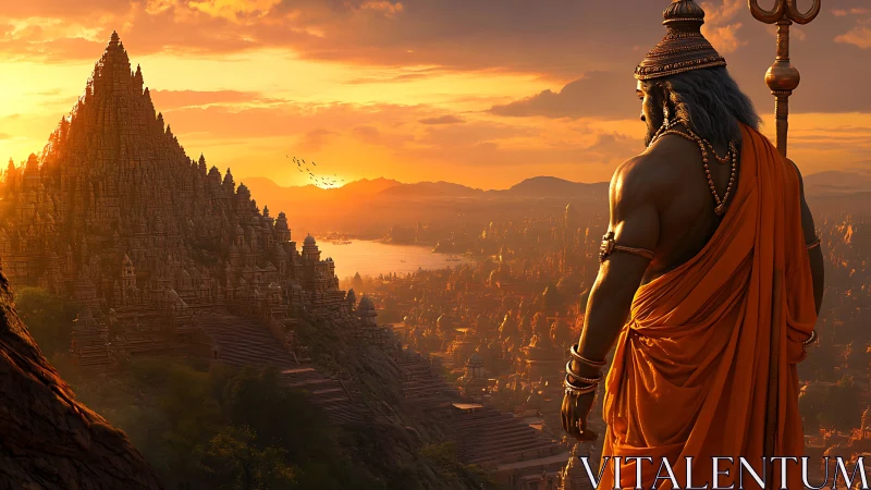 Sunlit warrior overlooks monumental stepped temple city.