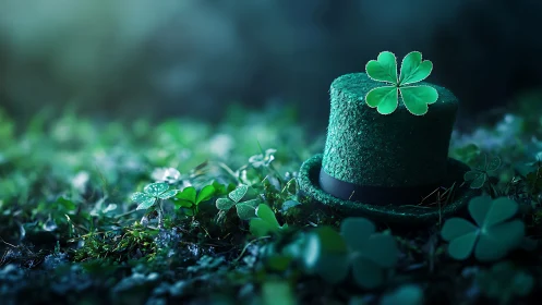 Emerald clover hat glows softly in misty forest dusk.