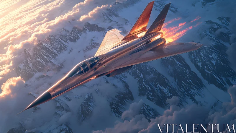 Futuristic Jet Fighter Soaring Above Snowy Mountains at Sunset.