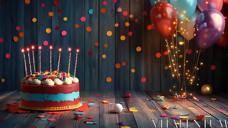Festive birthday cake with lit candles and colorful balloons.