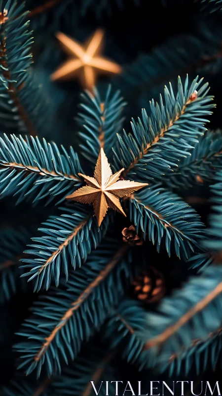 Golden star ornament rests on sharp blue spruce needles
