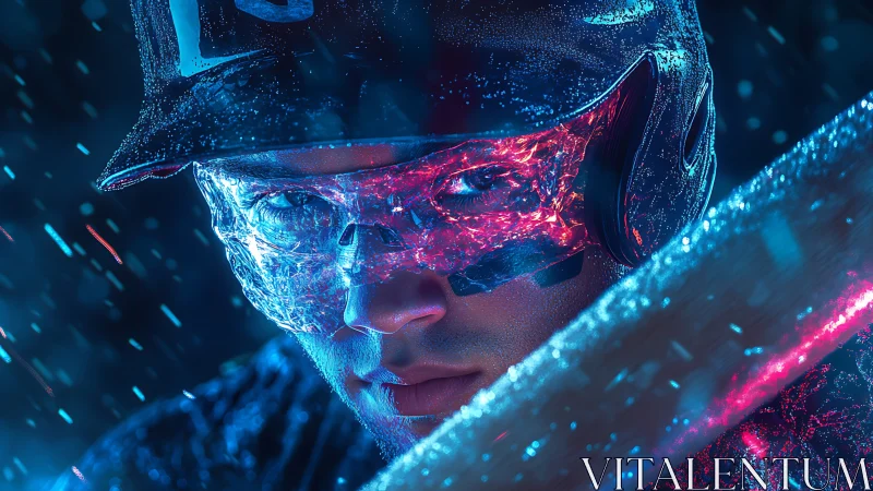 Cybernetic baseball batter under neon rain, close view.