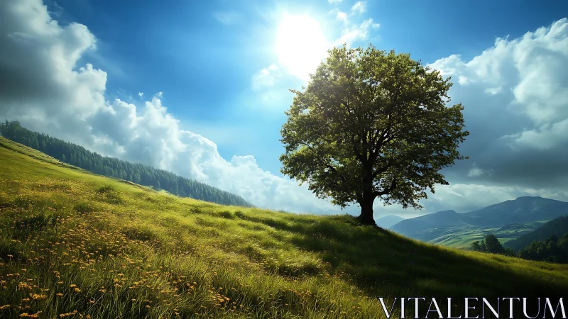 Sunlit hilltop guardian tree under roaming summer clouds.