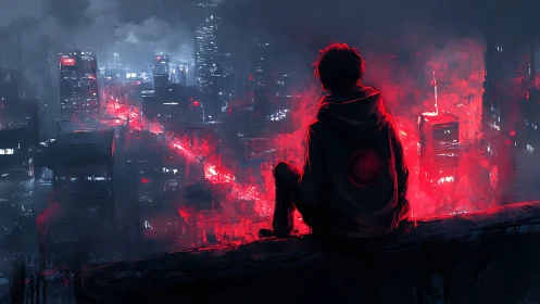 Cyberpunk rooftop silhouette over neon arterial cityscape.