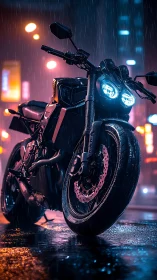 Cyberpunk streetfighter motorcycle in neon rain perspective.