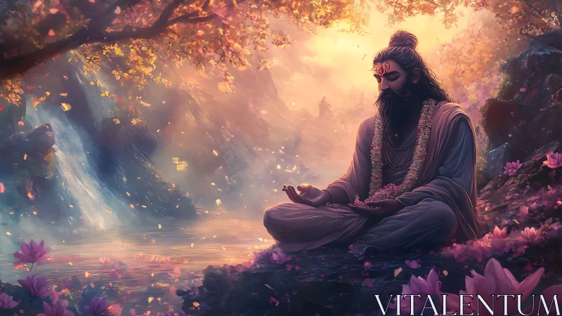 Mystic sage meditating by luminous waterfall in bloom.