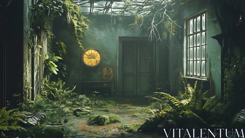Overgrown abandoned room with glowing clock centerpiece.