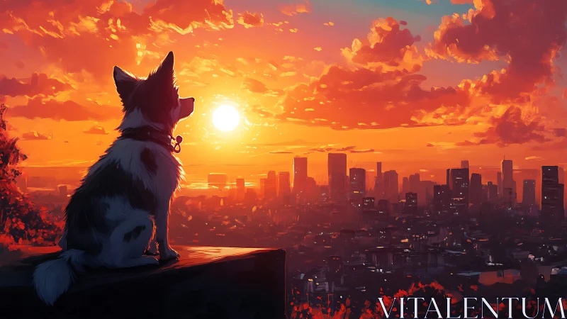 Sunlit city horizon watched by contemplative dog.