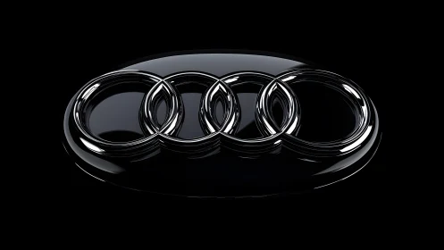 Audi logo in glossy black 3D style with dramatic lighting.