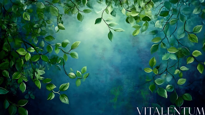 Green foliage branches against diffuse teal background.