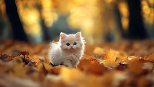 White kitten surrounded by autumn leaves.

