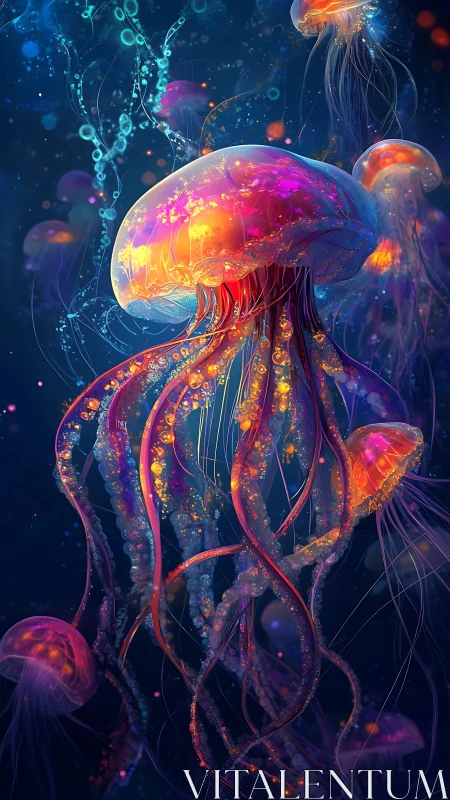 Luminous bioluminescent jellyfish swarm in neon deep sea.