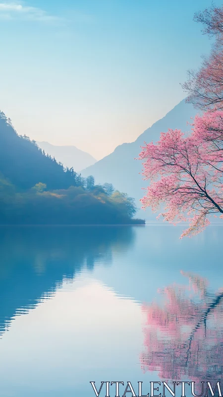 Cherry blossoms reflect on tranquil mountain lake at dawn.