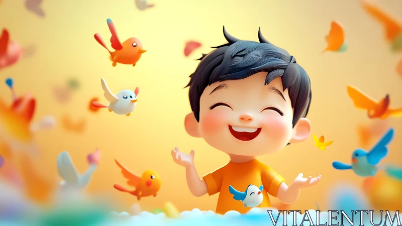Joyful child amid pastel birds in glowing cartoon sky.