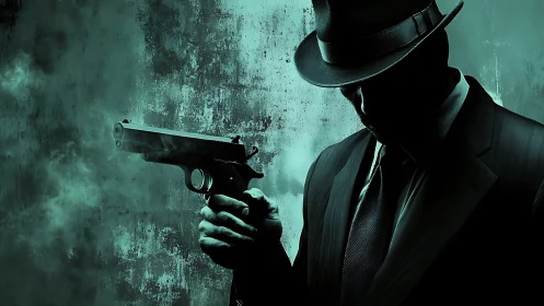 Silhouetted man in suit holds smoking pistol in moody light
