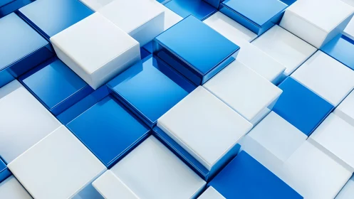 Blue and white 3D square blocks in layered geometric grid.
