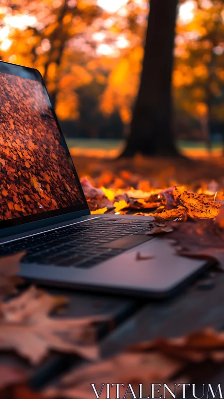 Laptop rests on wooden table among fallen autumn leaves