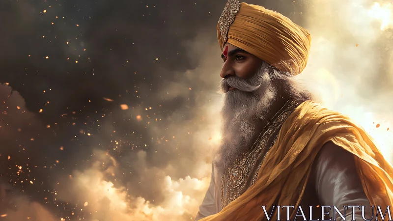 Ember crowned sage strides through swirling golden storm.