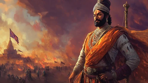 Regal warrior portrait before burning fortress in digital painting.