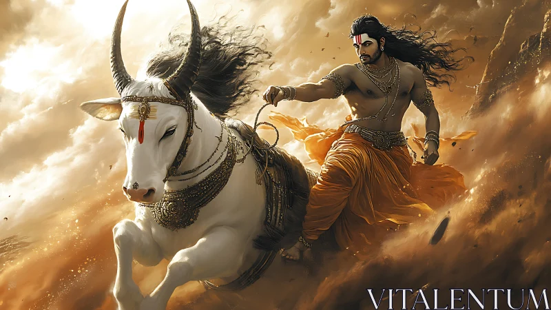 Mythic warrior rides decorated white bull through dust storm